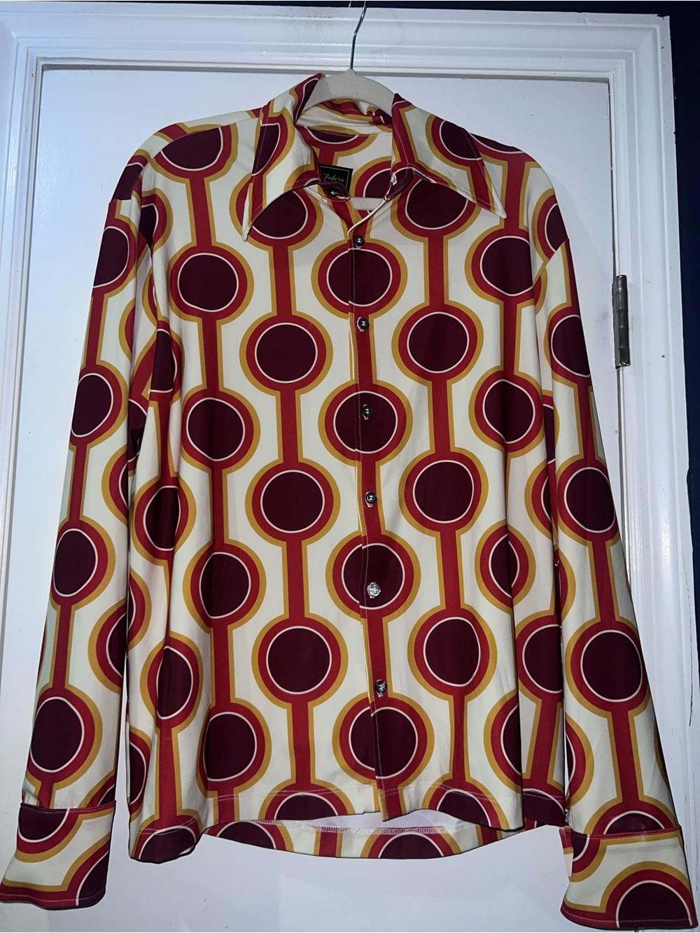Women's Geometric Button-Down Shirt in Burgundy and Cream